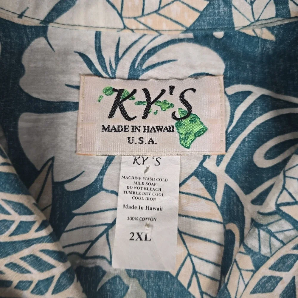VTG KY's Hawaiian Shirt Mens 2XL Teal Hibiscus Floral Cotton Camp Made in USA